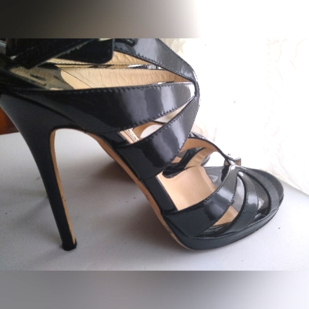 JIMMY CHOO 39 ALL LEATHER PATENT LEATHER PLATFORM SANDAL CAGED STILETTO HEELS